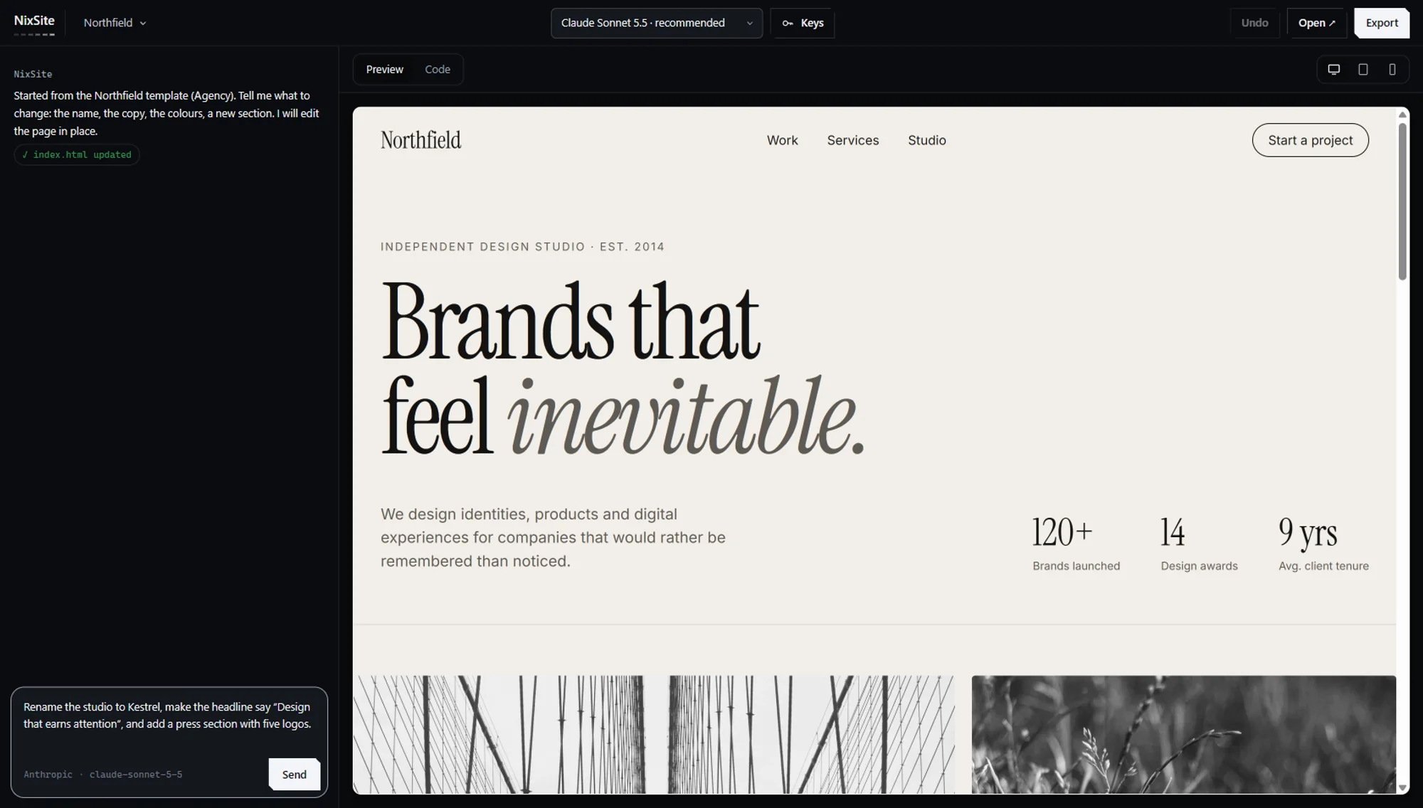 The NixSite builder: a chat on the left asking for changes, a live preview of a design-studio website on the right