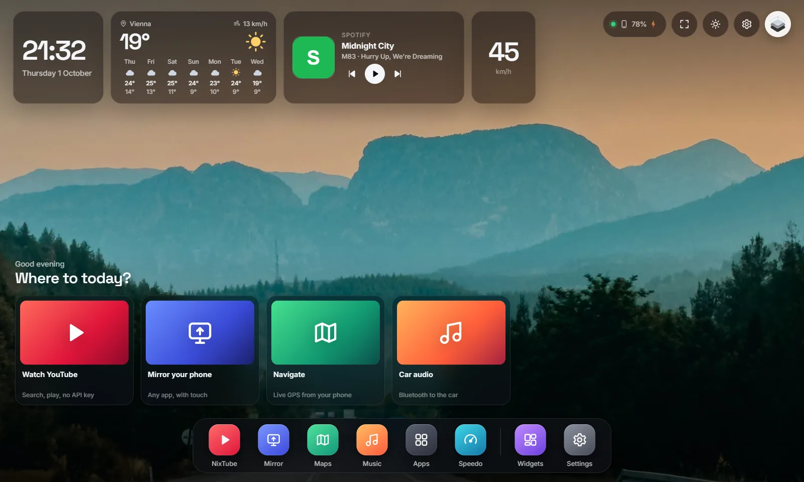 CarHey dashboard in the Tesla browser: clock, weather, now playing and speed widgets over a mountain-road photo, with the app dock below