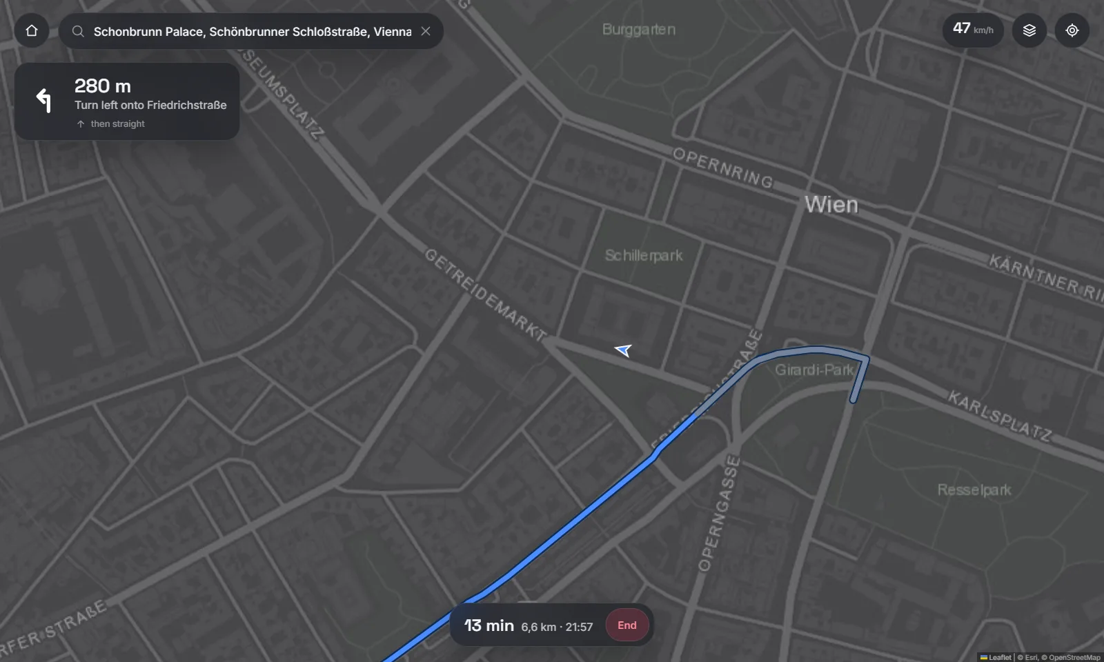 CarHey maps with a route, turn card and arrival time