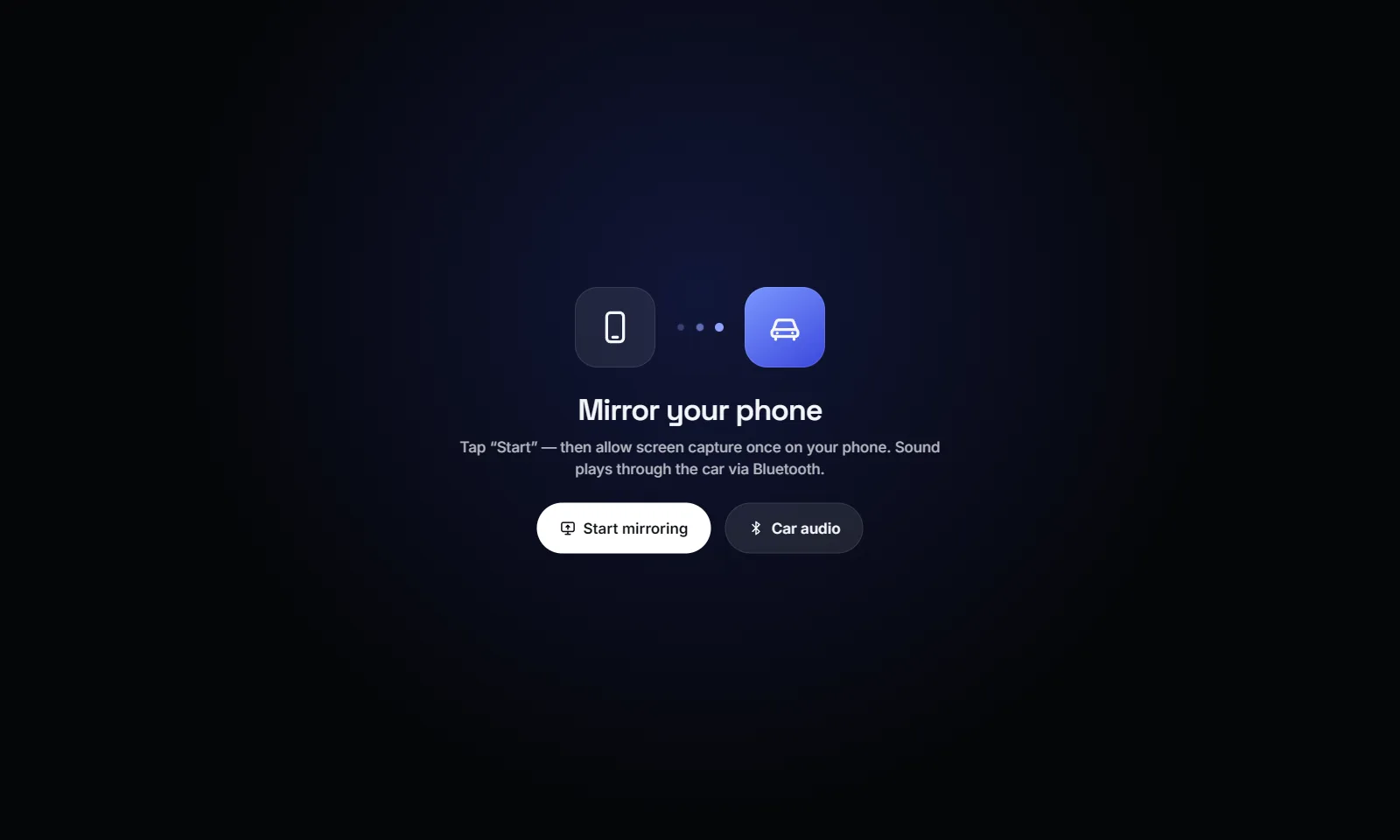 Mirror screen: phone and car icons joined by dots, with Start mirroring and Car audio buttons