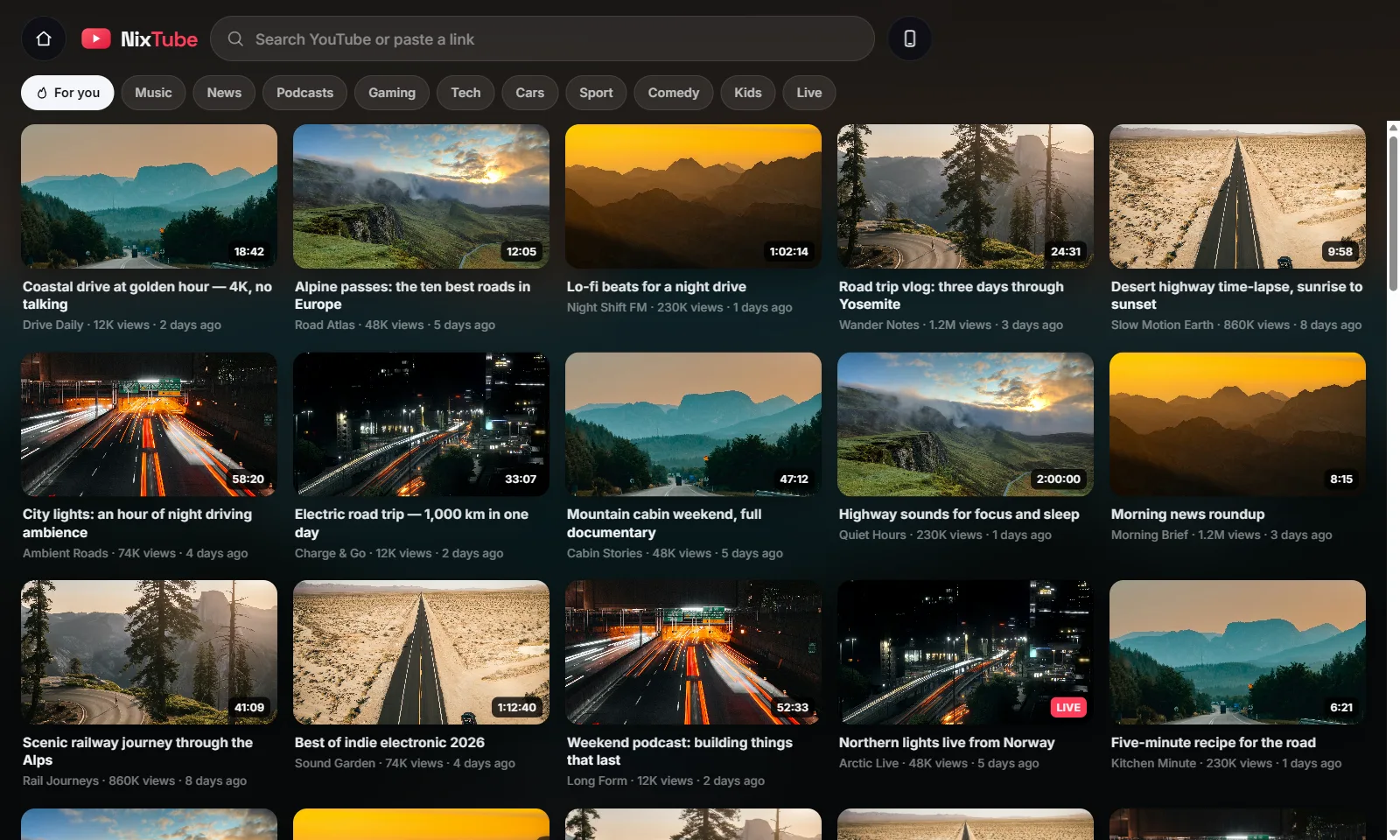 NixTube video grid with category chips and a search bar
