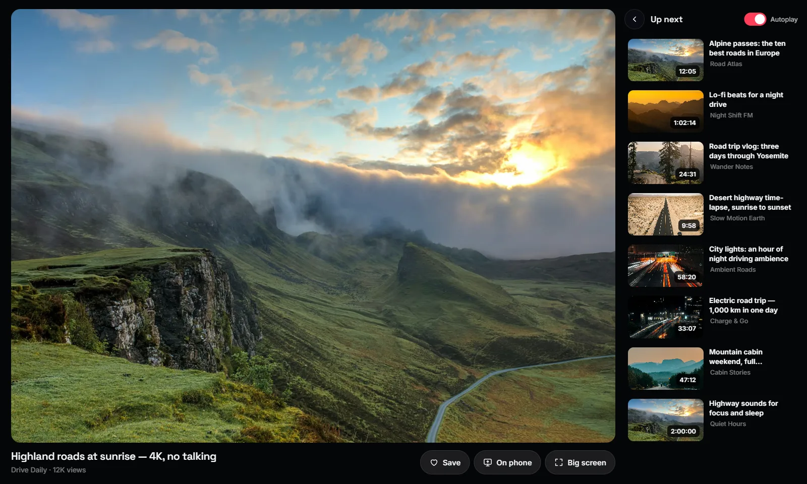 NixTube player with an up-next queue, autoplay switch and Save, On phone and Big screen buttons